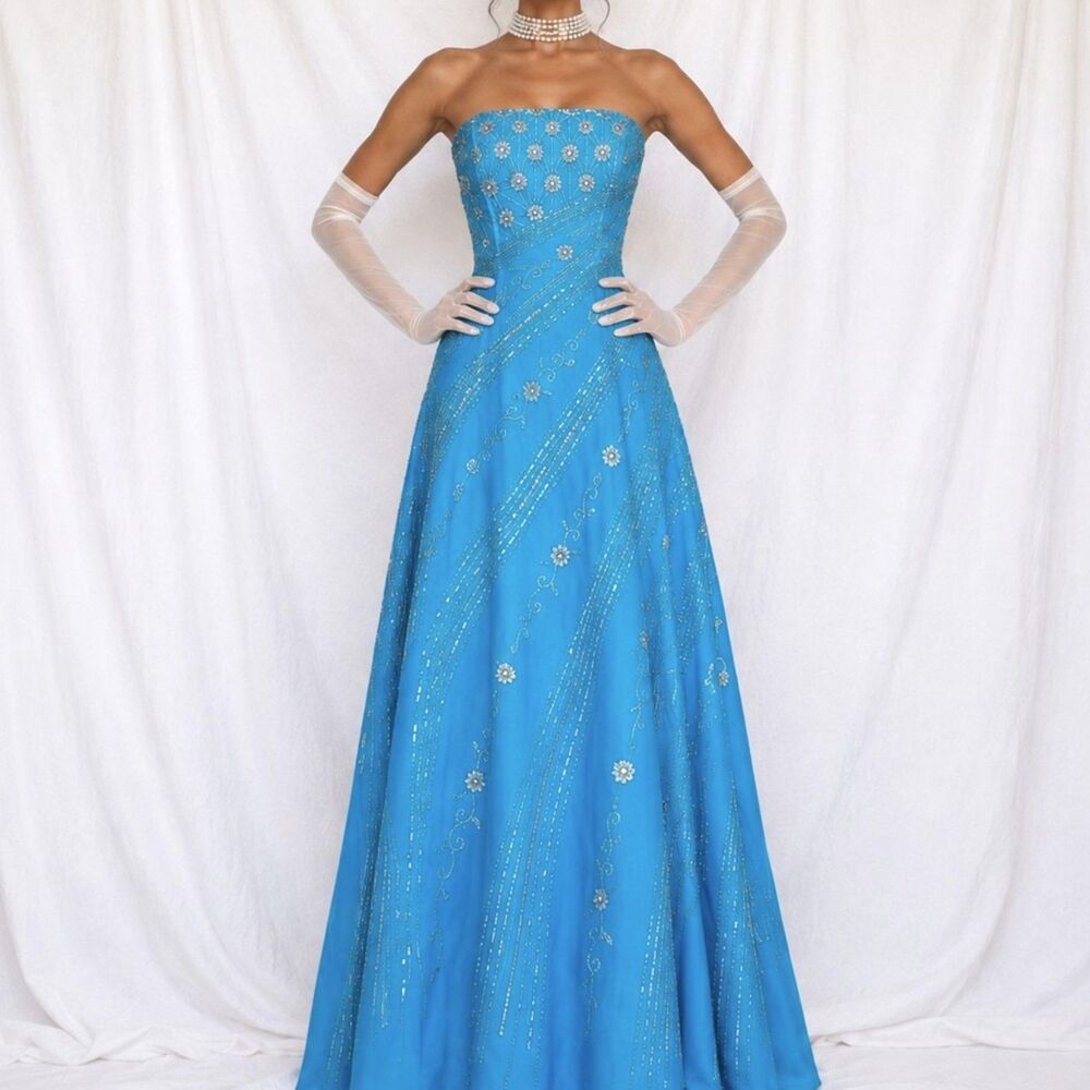Vintage Y2K 90s Blue Strapless Floral Beaded Flared Formal Maxi Prom Dress M